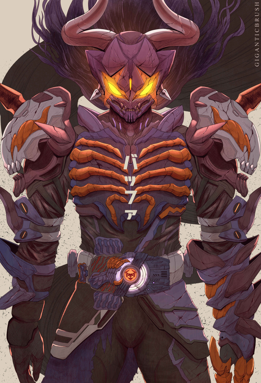 1boy absurdres adapted_costume animal_skull armor artist_name belt buffalo character_name commentary cropped_legs desire_driver driver_(kamen_rider) english_commentary floating_hair giganticbrush glowing glowing_eyes highres horns kamen_rider kamen_rider_buffa kamen_rider_geats_(series) long_hair looking_at_viewer male_focus shoulder_armor skull solo spikes stylistic tokusatsu upper_body x_x yellow_eyes zombie_buckle
