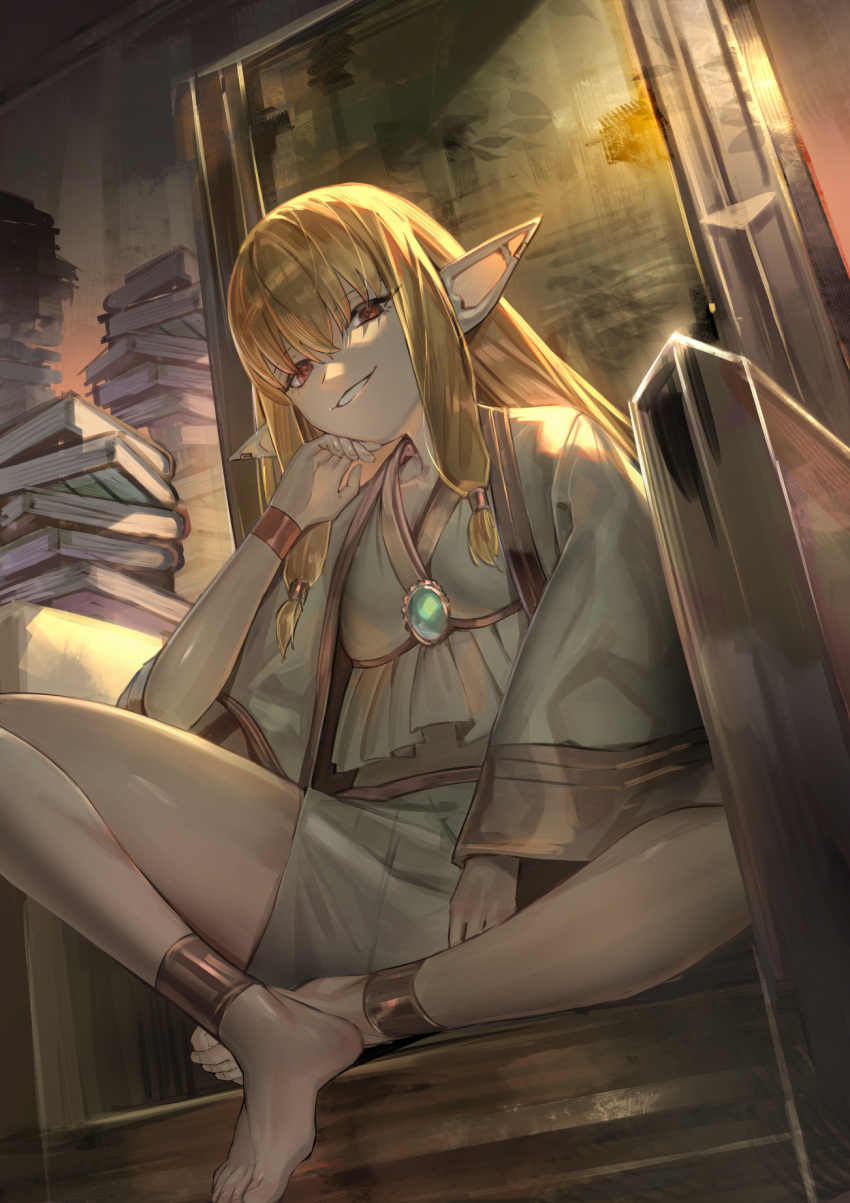 1girl anklet barefoot blonde_hair breasts commentary ear_bar earclip elf feet full_body gem green_gemstone hair_between_eyes hair_tubes highres indoors jewelry knees_apart_feet_together kouhiipan long_hair looking_at_viewer low-tied_sidelocks parted_lips pile_of_books pointy_ears red_eyes robe serie_(sousou_no_frieren) shiny_skin sidelighting sidelocks sitting sitting_on_throne smile smirk solo sousou_no_frieren throne white_robe