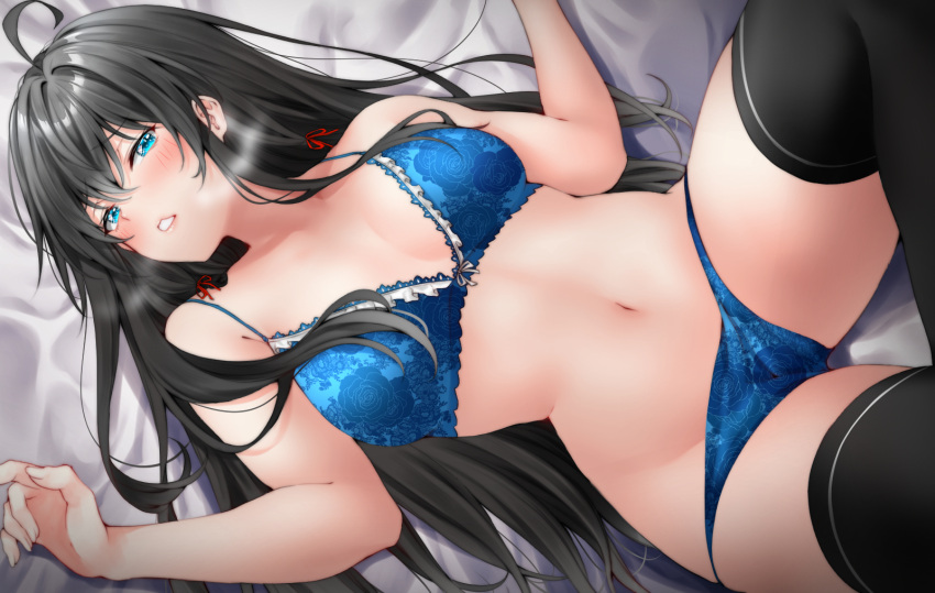 1girl bed bed_sheet black_hair black_thighhighs blue_bra blue_eyes blue_panties blush bow bow_bra bra breasts collarbone commentary_request hair_ribbon highres long_hair looking_at_viewer lying navel on_back on_bed paid_reward_available panties red_hayao red_ribbon ribbon small_breasts solo thighhighs underwear underwear_only yahari_ore_no_seishun_lovecome_wa_machigatteiru. yukinoshita_yukino