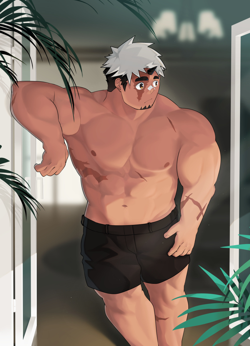 1boy absurdres akiha_gongen_(housamo) bandaid bandaid_on_face bandaid_on_nose bara black_hair black_shorts brown_eyes dark-skinned_male dark_skin facial_hair goatee highres horns large_pectorals leaning_on_object looking_to_the_side male_focus multicolored_hair muscular muscular_male official_alternate_costume pectorals scar scar_on_arm short_hair shorts sideburns single_horn solo t-ryu thick_eyebrows tokyo_afterschool_summoners topless_male two-tone_hair variant_set white_hair