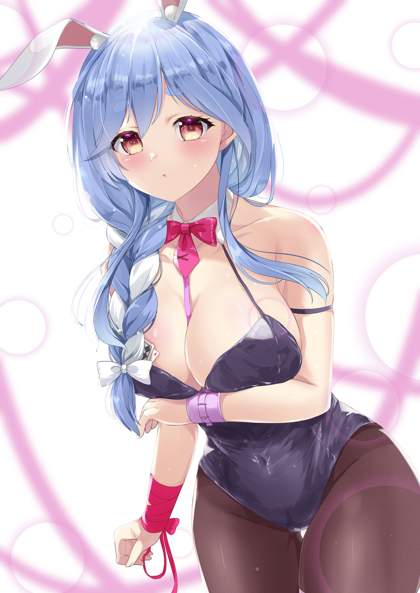 1girl animal_ear_fluff animal_ears arm_under_breasts blue_hair blush braid braided_ponytail breasts cleavage collar detached_collar hair_over_shoulder highres hololive kishimaharuno large_breasts looking_at_viewer mature_female multicolored_hair necktie orange_eyes pekomama playboy_bunny rabbit-shaped_pupils rabbit_ears rabbit_girl red_necktie short_eyebrows solo symbol-shaped_pupils two-tone_hair white_collar white_hair