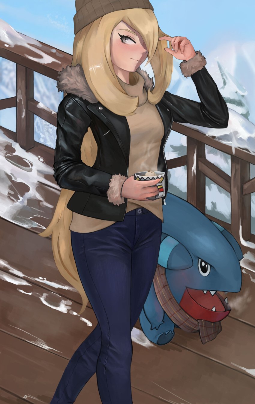 1girl absurdres alternate_costume arm_up beanie black_jacket blonde_hair blue_pants blue_sky blush breasts bridge brown_shirt brown_sweater casual closed_mouth cup cynthia_(pokemon) day denim fur-trimmed_jacket fur_trim gible grey_eyes hair_over_one_eye hat highres holding holding_cup hot_drink jacket jeans jeredxd medium_breasts mug outdoors pants plaid plaid_scarf pokemon pokemon_(creature) pokemon_dppt scarf shirt sky snow steam sweater tree turtleneck turtleneck_sweater walking