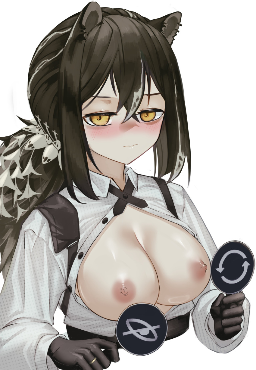 1girl absurdres animal_ears animal_hands arknights bangs black_hair blush breasts breasts_out cleavage closed_mouth cloverse6 crossed_bangs hair_between_eyes highres holding large_breasts looking_at_viewer nipples no_bra open_clothes open_shirt polka_dot polka_dot_shirt ponytail raccoon raccoon_ears raccoon_girl robin_(arknights) shirt sidelocks simple_background solo upper_body white_background white_shirt yellow_eyes