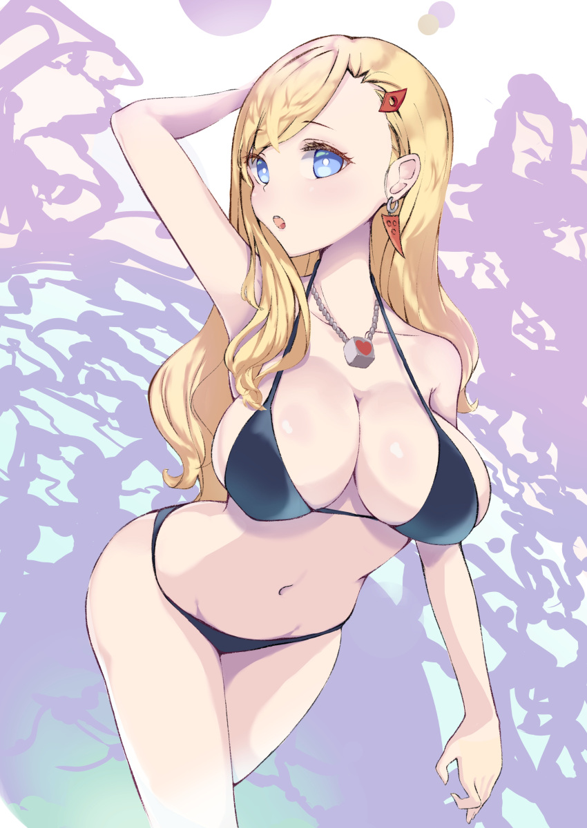 1girl :o absurdres bikini black_bikini blonde_hair blue_eyes breasts earrings eden's_zero hair_behind_ear hair_ornament hairclip highres jewelry large_breasts long_hair looking_at_viewer navel necklace nonoro_(potato461) rebecca_bluegarden solo swept_bangs swimsuit very_long_hair