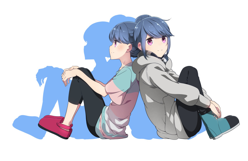 absurdres blue_hair blush boots closed_mouth dual_persona hair_bun highres hood hoodie jacket long_hair long_sleeves looking_at_viewer pants purple_eyes shima_rin shirt shoes short_sleeves simple_background single_hair_bun sitting smile t-shirt white_background yasu_(pixiv) yurucamp