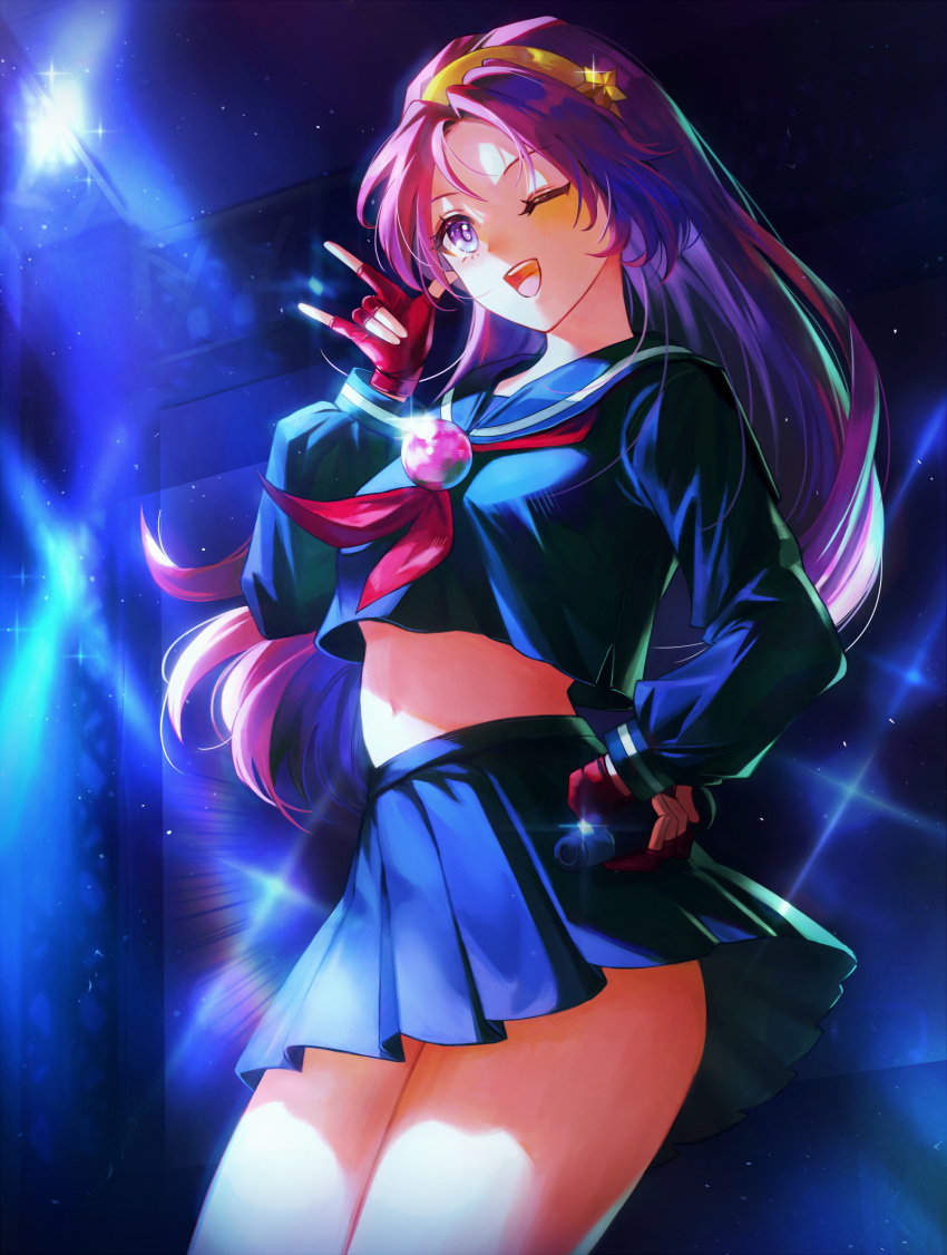 1girl asamiya_athena backlighting brooch cropped_shirt fingerless_gloves gloves hairband hand_on_own_hip highres idol jewelry kkomommo long_hair microphone midriff_peek one_eye_closed open_mouth pleated_skirt psycho_soldier purple_eyes purple_hair red_gloves school_uniform serafuku skirt smile solo stage the_king_of_fighters the_king_of_fighters_xiii yellow_hairband