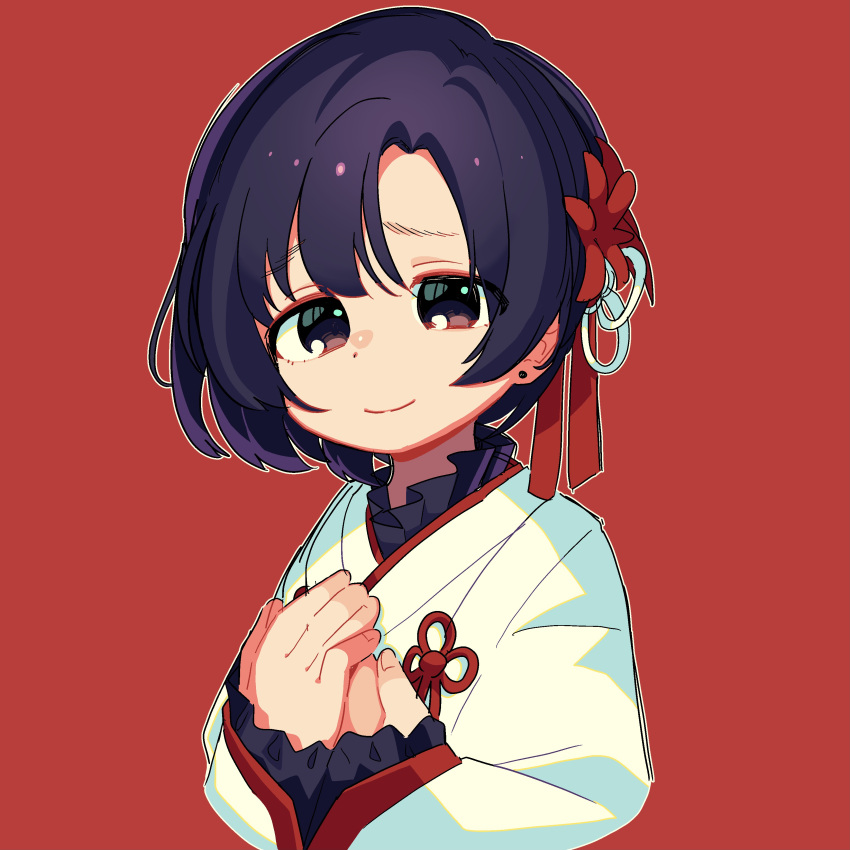 1girl absurdres animal_ears black_eyes black_hair hair_ribbon hands_up highres idolmaster idolmaster_cinderella_girls long_sleeves looking_at_viewer moai_(more_e_4km) outline red_background red_ribbon ribbon shiragiku_hotaru short_hair simple_background solo white_outline