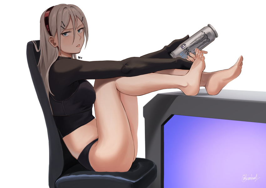 1girl among_us bangs bare_legs barefoot black_panties black_shirt black_sports_bra blonde_hair blue_eyes breasts can chair crewmate_(among_us) feet from_side full_body girls'_frontline hair_between_eyes hair_ornament hairband hairpin highres holding holding_can kion-kun legs legs_on_table long_hair long_sleeves looking_at_viewer medium_breasts mole mole_under_mouth monster_energy multiple_hairpins office_chair open_mouth panties parted_lips product_placement red_hairband shaw_(girls'_frontline) shirt sideboob sitting solo sports_bra table thighs toes turtleneck twitter_username underwear white_background