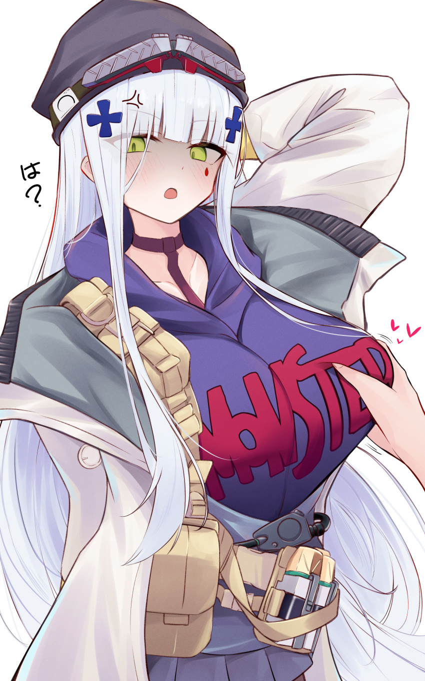 1girl absurdres anger_vein angry arm_behind_head arms_up breasts clukay_(neural_cloud) facial_hair girls'_frontline girls'_frontline_neural_cloud grabbing grabbing_another's_breast green_eyes hair_ornament hat highres hk416_(girls'_frontline) jacket large_breasts long_hair ohichi16 open_mouth shaded_face solo upper_body