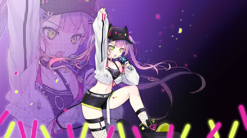 1girl arm_up asymmetrical_legwear baseball_cap belt black_choker black_footwear black_headwear black_shorts black_socks black_tank_top black_thighhighs choker clenched_hand colored_inner_hair crop_top cropped_jacket demon_girl demon_tail determined elreyiens fake_horns fangs glowstick gradient_hair green_eyes hair_ornament hairclip hat highres holding holding_microphone hololive horned_headwear horns jacket long_hair long_sleeves microphone midriff multicolored_hair music navel_piercing o-ring o-ring_choker off_shoulder partially_unzipped piercing pink_hair pointy_ears purple_hair short_shorts shorts singing single_garter single_thighhigh skin_fangs socks solo stage streaked_hair tail tail_ornament tail_piercing tank_top thighhighs tokoyami_towa twintails uneven_legwear virtual_youtuber white_jacket