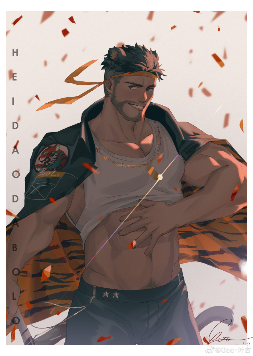 1boy abs absurdres animal_ears animal_print bara beard borrowed_character cat_boy cat_ears cat_tail clothes_lift confetti eyebrow_cut facial_hair feet_out_of_frame gift_art goo_(koushishikou11) highres jacket jacket_on_shoulders kuro_(kuroshima_kurishiro) lifted_by_self male_focus mature_male muscular muscular_male navel navel_hair original pectoral_cleavage pectorals shirt_lift short_hair smile smirk solo standing stomach tail tank_top tiger_print undercut white_tank_top