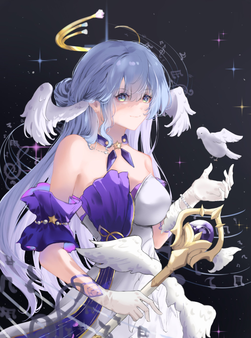 1girl absurdres aqua_eyes bare_shoulders bead_bracelet beads bird blue_hair bracelet closed_mouth detached_sleeves dress gloves hair_between_eyes halo hand_up head_wings highres holding holding_staff honkai:_star_rail honkai_(series) jewelry looking_at_viewer musical_note purple_dress robin_(honkai:_star_rail) saito_(saito_art) short_sleeves smile solo staff two-tone_dress white_dress white_gloves white_wings wings
