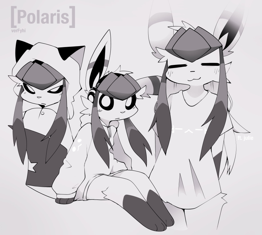 absurd_res anthro blush blush_lines clothing cute_expression ears_up eeveelution fan_character fur fur_markings generation_4_pokemon glaceon grey_hair hair hands_behind_back hi_res hooded hoodie long_hair markings monochrome nintendo pokemon pokemon_(species) polaris_(charcter) satori_(verfyhi) shaded shirt silver_hair simple_background simple_eyes simple_shading sitting smug standing striped_markings stripes t-shirt topwear video_games white_body white_fur