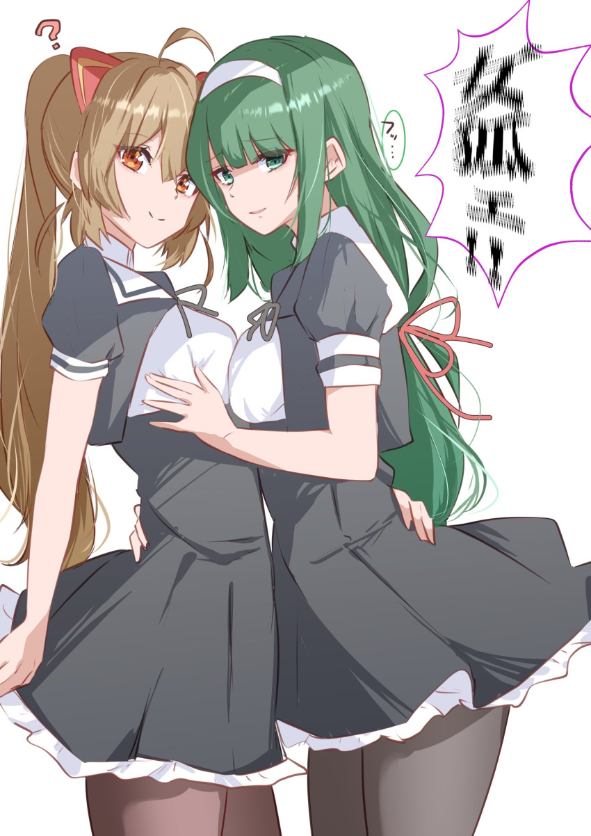 2girls ? ahoge animal_ears arm_around_waist assault_lily black_pantyhose black_ribbon black_skirt blunt_bangs breast_press breasts brown_hair brown_pantyhose cat_ears closed_mouth commentary_request cowboy_shot cropped_jacket fake_animal_ears frilled_skirt frills from_side green_eyes green_hair hair_between_eyes hair_ribbon hand_on_another's_chest hand_on_another's_waist hand_up hasebe_touka heads_together high-waist_skirt high_ponytail highres houji_tea_latte kondou_misaka long_hair looking_at_viewer looking_to_the_side low-tied_long_hair medium_breasts miniskirt multiple_girls neck_ribbon orange_eyes pantyhose parted_lips ponytail puffy_short_sleeves puffy_sleeves raised_eyebrows red_ribbon ribbon school_uniform shirt short_sleeves sidelocks simple_background skirt smile speech_bubble standing symmetrical_docking translated very_long_hair white_background white_shirt yuri yurigaoka_girls_academy_school_uniform