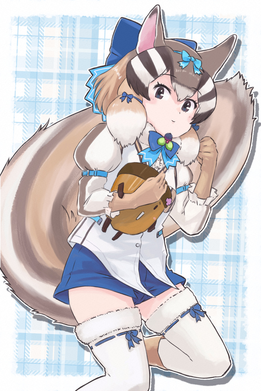 absurdres acorn blue_bow blue_bowtie blue_shorts bow bow_legwear bowtie brown_eyes brown_fur brown_gloves brown_hair chipmunk_ears chipmunk_girl chipmunk_tail commentary_request elbow_gloves fur_collar fur_trim gloves hair_bow highres juliet_sleeves kemono_friends kemono_friends_v_project light_brown_hair long_sleeves looking_at_viewer puffy_sleeves shirt short_hair shorts siberian_chipmunk_(kemono_friends) sidelocks thighhighs toriny white_fur white_shirt white_thighhighs zettai_ryouiki