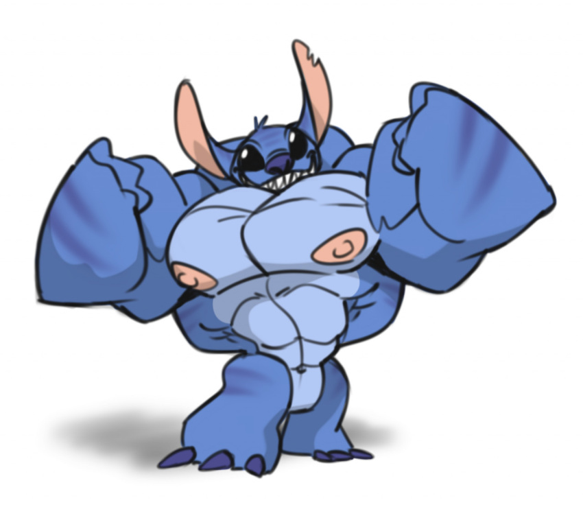 2021 3_toes alien anthro areola arm_markings biceps biped black_eyes blue_body blue_claws blue_fur blue_nose cartoonjunkie claws disney experiment_(lilo_and_stitch) featureless_crotch feet flexing front_view fur grin head_tuft leg_markings lilo_and_stitch looking_at_viewer male markings muscular muscular_anthro muscular_male nipples notched_ear pecs pink_areola pink_nipples sharp_teeth simple_background smile stitch_(lilo_and_stitch) teeth toe_claws toes tuft white_background