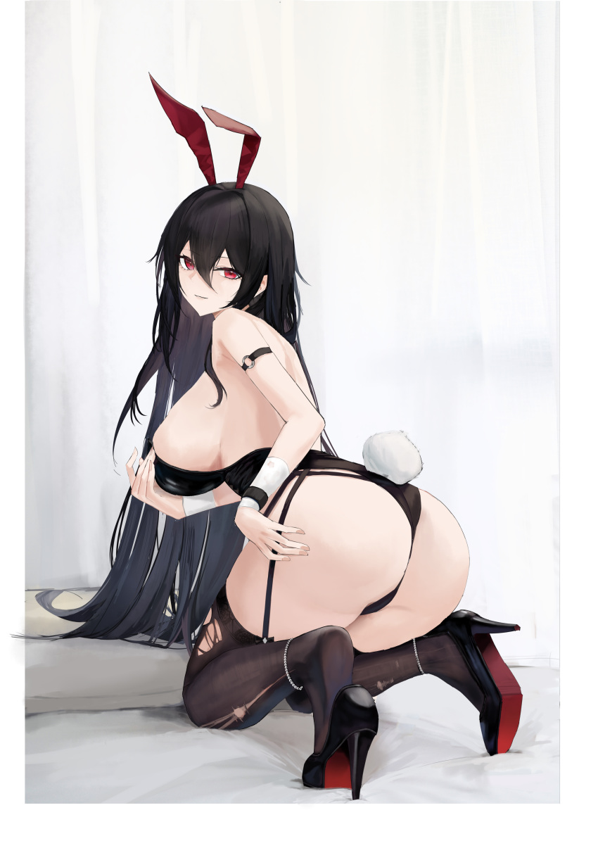 1girl absurdres animal_ears anklet ass azur_lane bare_shoulders black_footwear black_hair black_thighhighs border breasts fake_animal_ears fake_tail from_behind hair_between_eyes hand_on_own_chest high_heels highleg highleg_leotard highres huge_breasts jewelry kneeling leotard long_hair nail_polish o-ring_arm_strap parted_lips playboy_bunny rabbit_ears rabbit_tail red_eyes smile solo strapless strapless_leotard suo_bu_ye_feng taihou_(azur_lane) tail thighhighs thighs torn_clothes torn_thighhighs very_long_hair white_border wrist_cuffs