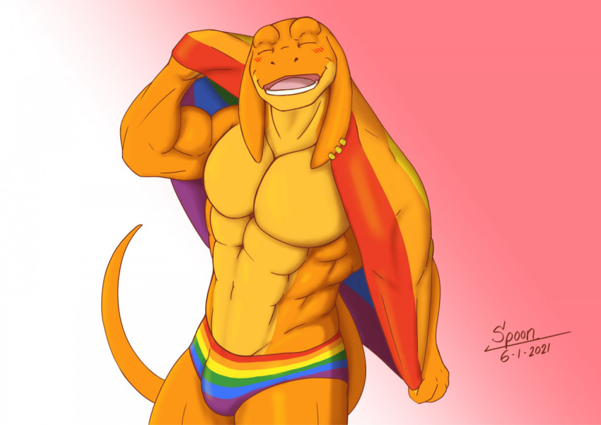 anthro bangaa biceps big_pecs blush blush_stickers bulge clothing eyes_closed final_fantasy gradient_background lgbt_history_month lgbt_pride locke_(spoongod) male muscular muscular_male orange_body pecs pride_colors rainbow_flag rainbow_pride_flag rainbow_symbol simple_background smile solo speedo spoongod square_enix swimwear video_games