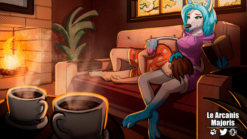 anthro arcanelynx beverage blue_hair body_hair book bottomwear brown_hair canid canine canis claws clothed clothing coffee coffee_mug digital_drawing_(artwork) digital_media_(artwork) digitigrade duo ears_up feet female fingers fire fluffy fluffy_ears fluffy_hair fur furniture hair head_on_lap holding_object hoodie human humanoid inside laying_on_lap living_room lying lynx_arcane male mammal on_lap pants plant reading reading_book shirt shorts sitting smile steam tail toes topwear white_body white_fur white_hair