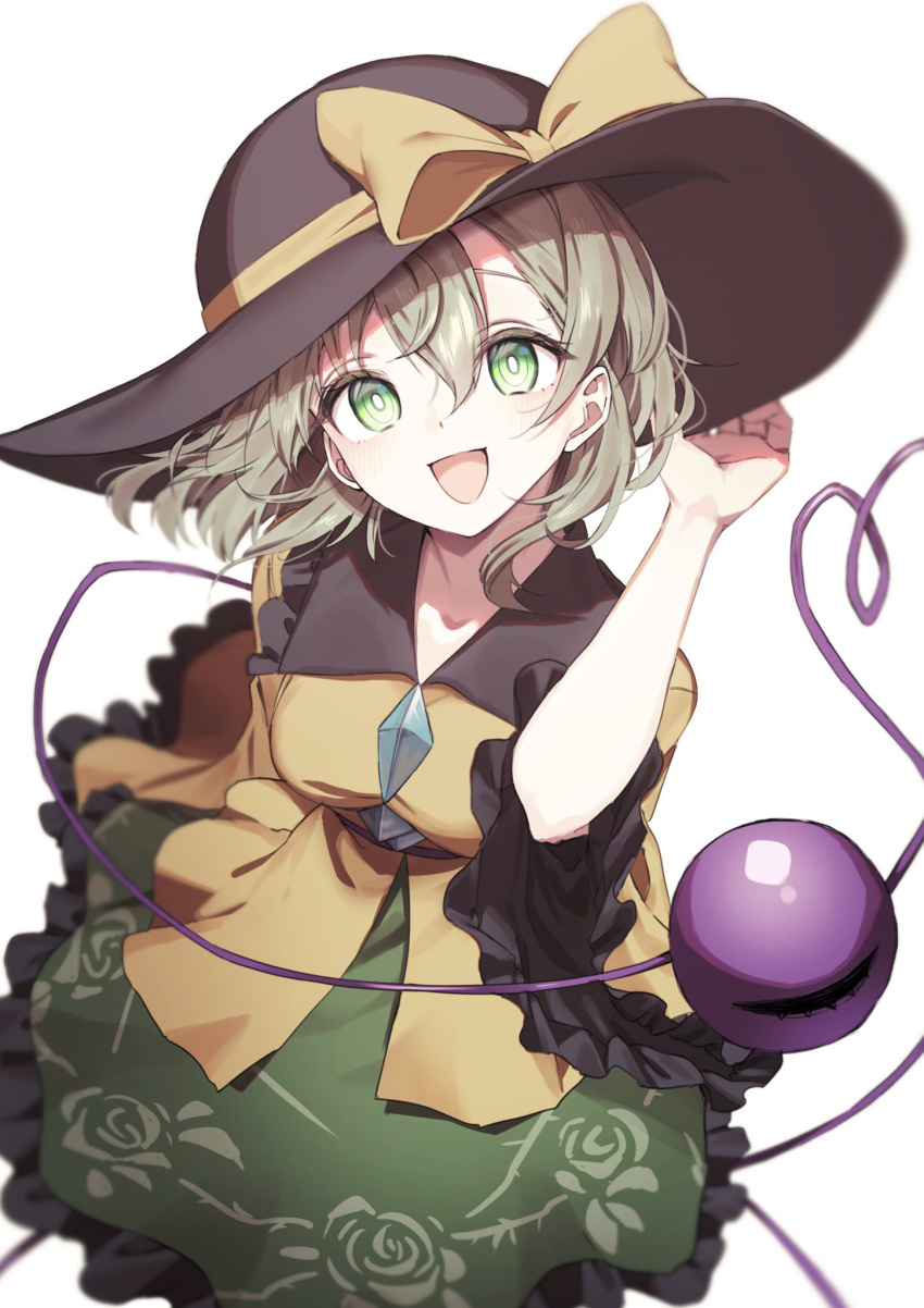 1girl :d black_hat breasts bright_pupils buttons collared_shirt commentary diamond_button eyelashes floral_print frilled_shirt_collar frilled_skirt frilled_sleeves frills green_eyes green_hair green_skirt hair_behind_ear hair_between_eyes hand_up happy hat hat_ribbon heart heart_of_string highres komeiji_koishi looking_at_viewer open_mouth print_skirt ribbon rose_print shirt short_hair simple_background skirt small_breasts smile solo third_eye touhou wanko_sora white_background white_pupils wide_sleeves yellow_ribbon yellow_shirt