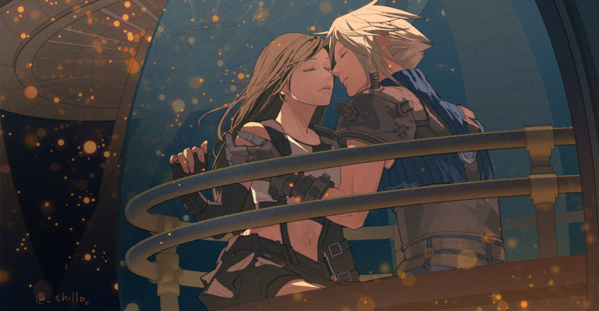 1boy 1girl armor bare_shoulders black_gloves black_hair black_skirt blonde_hair blue_sweater brown_hair closed_eyes cloud_strife commentary_request couple crop_top elbow_gloves facing_another ferris_wheel_interior final_fantasy final_fantasy_vii final_fantasy_vii_rebirth final_fantasy_vii_remake fingerless_gloves gloves gondola hands_on_another's_shoulders highres imminent_kiss light_particles long_hair midriff navel ribbed_sweater shillo short_hair shoulder_armor sitting skirt sleeveless sleeveless_turtleneck spiked_hair suspender_skirt suspenders sweater tank_top tifa_lockhart turtleneck turtleneck_sweater twitter_username upper_body white_tank_top