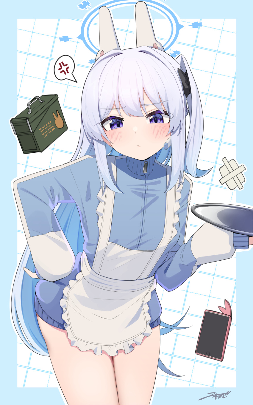 1girl absurdres akinoji_(akiponpon27) alternate_costume anger_vein animal_ears apron blue_archive blue_halo blush breasts cellphone closed_mouth cowboy_shot earpiece enmaided fake_animal_ears frilled_apron frills grey_hair halo highres holding holding_tray jersey jersey_maid large_breasts long_hair looking_at_viewer maid miyako_(blue_archive) one_side_up phone purple_eyes rabbit_ears signature smartphone solo spoken_anger_vein tray unconventional_maid white_apron