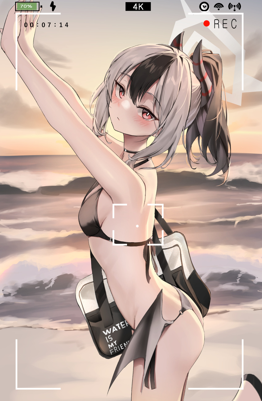 1girl absurdres arms_up ass bag battery_indicator beach bikini black_bikini black_choker blue_archive blush breasts choker demon_horns demon_wings from_side halo handbag highres horns kayoko_(blue_archive) looking_at_viewer looking_to_the_side low_wings multicolored_hair ocean recording red_eyes scarlet_(wv0102) short_ponytail small_breasts solo streaked_hair sunset swimsuit viewfinder white_hair white_halo wings