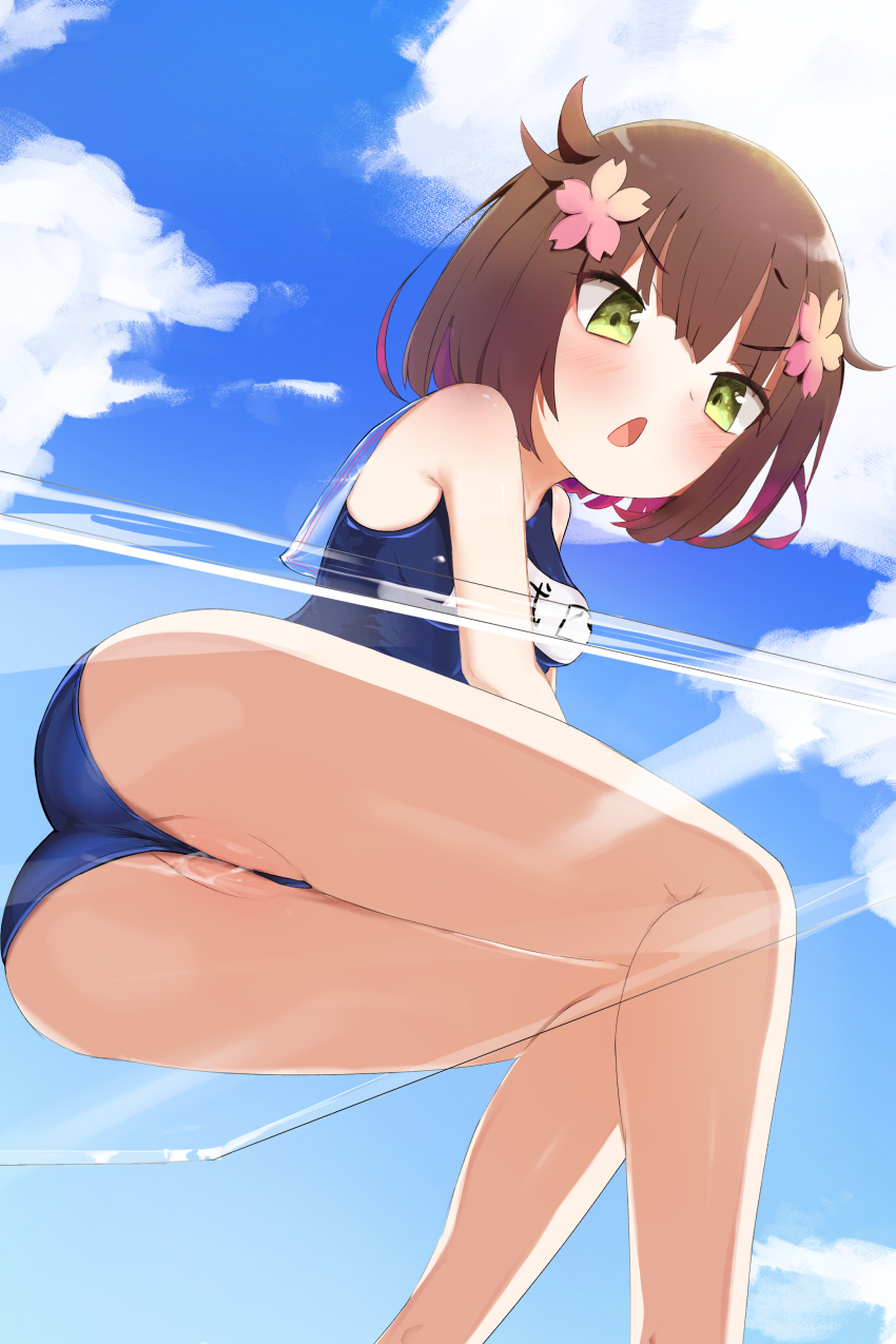 1girl absurdres against_glass ass ass_on_glass bare_shoulders cloud ever_(nann2013) flower from_below girls'_frontline green_eyes hair_flower hair_ornament highres multicolored_hair official_alternate_costume partially_visible_vulva school_swimsuit short_hair sitting solo swimsuit type_4_(cape_no._4)_(girls'_frontline) type_4_(girls'_frontline) wedgie