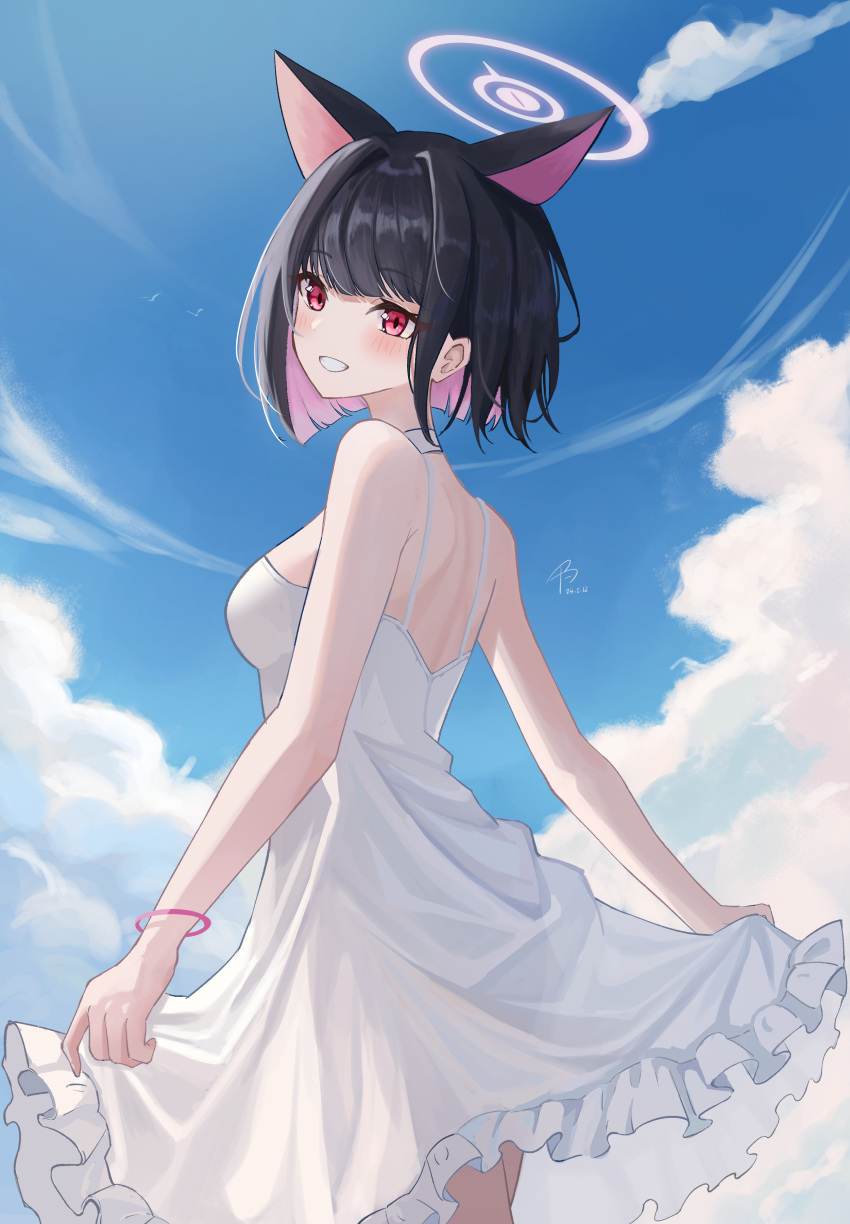 1girl absurdres alternate_costume animal_ears astelia black_hair blue_archive blush breasts cat_ears cloud cloudy_sky colored_inner_hair cowboy_shot dated day dress extra_ears frilled_dress frills grin highres kazusa_(blue_archive) medium_breasts multicolored_hair outdoors pink_hair red_eyes short_hair signature sky sleeveless sleeveless_dress smile solo white_dress