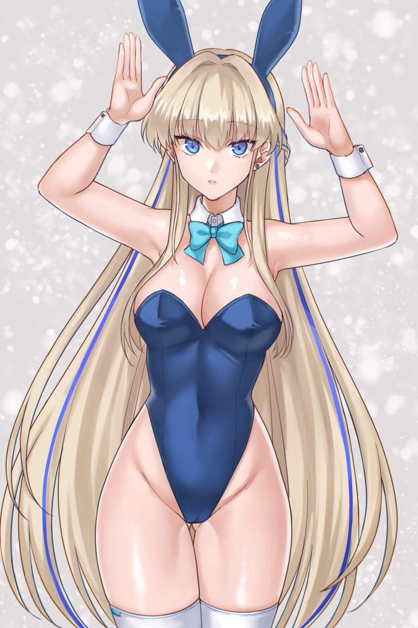 1girl absurdres animal_ears aqua_bow aqua_bowtie bare_shoulders blonde_hair blue_archive blue_eyes blue_hair bow bowtie breasts cleavage detached_collar fake_animal_ears grey_background hands_up hazuki_(nyorosuke) highres long_hair looking_at_viewer medium_breasts multicolored_hair official_alternate_costume playboy_bunny rabbit_ears solo thighs toki_(blue_archive) toki_(bunny)_(blue_archive) two-tone_hair