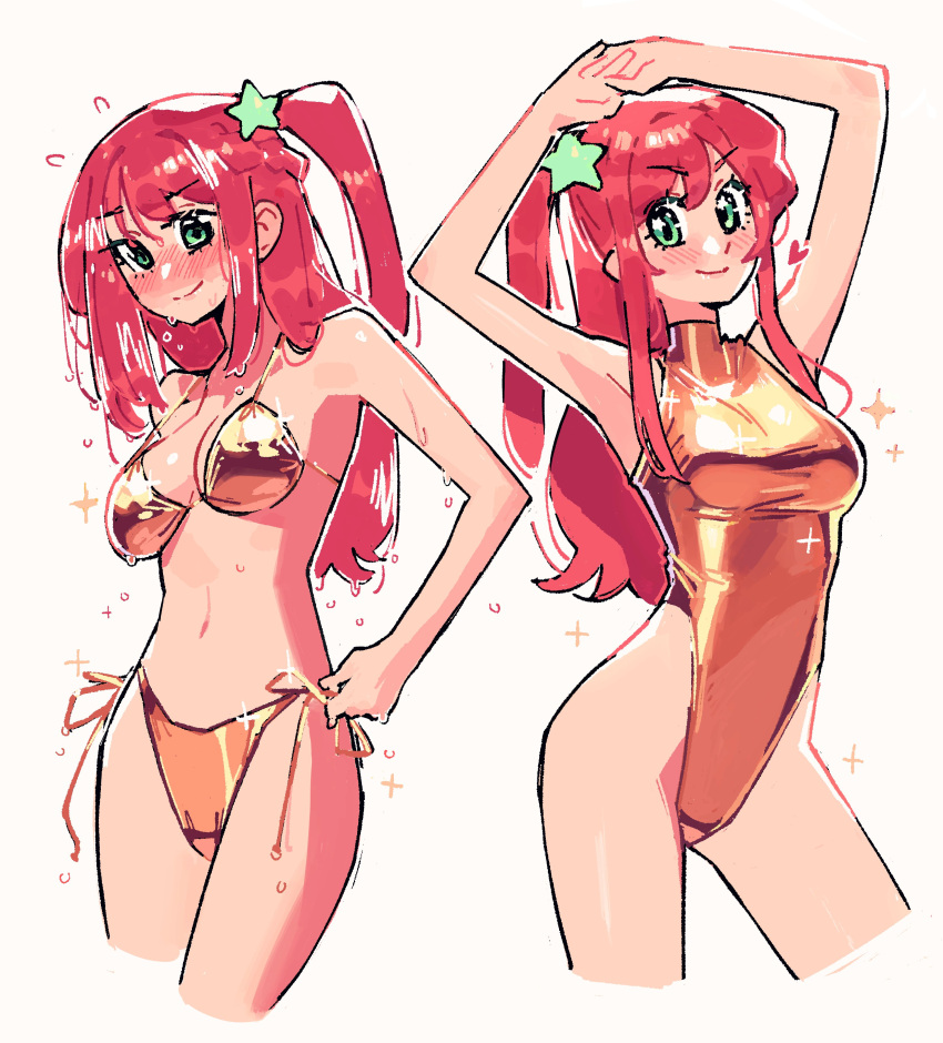 1girl absurdres arms_up bikini breasts cleavage collared_one-piece_swimsuit commentary english_commentary gold_bikini gold_one-piece_swimsuit green_eyes hair_ornament highres kaatokun long_hair looking_at_viewer lyra_(kaatokun) multiple_views navel one-piece_swimsuit original red_hair side-tie_bikini_bottom side_ponytail sidelocks simple_background sparkle standing star_(symbol) star_hair_ornament swimsuit water_drop wet white_background