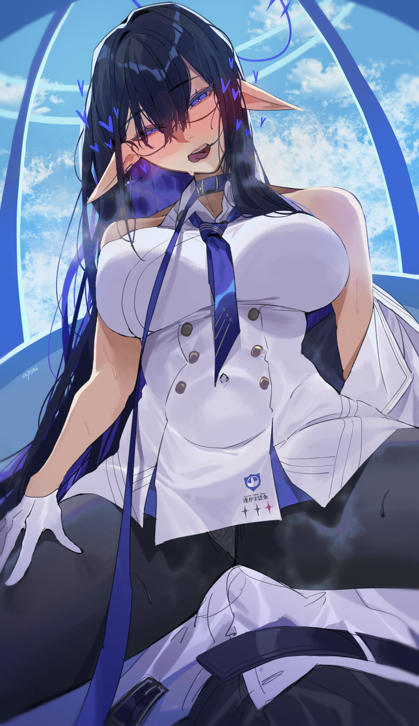 1girl absurdres ajisai_(kyukurarin) bare_shoulders black_hair black_pantyhose blue_archive blue_halo blue_heart blue_necktie breasts bulge coat collared_dress colored_inner_hair commentary dress erection erection_under_clothes girl_on_top glasses gloves half_gloves halo heart highres large_breasts leash licking_lips long_hair looking_at_viewer lying multicolored_hair necktie off_shoulder open_clothes open_coat panties panties_under_pantyhose pantyhose pantyshot pointy_ears pov rimless_eyewear rin_(blue_archive) sitting sitting_on_person sleeveless sleeveless_dress spread_legs sweat symbol-only_commentary tongue tongue_out underwear viewer_holding_leash white_coat white_dress white_gloves