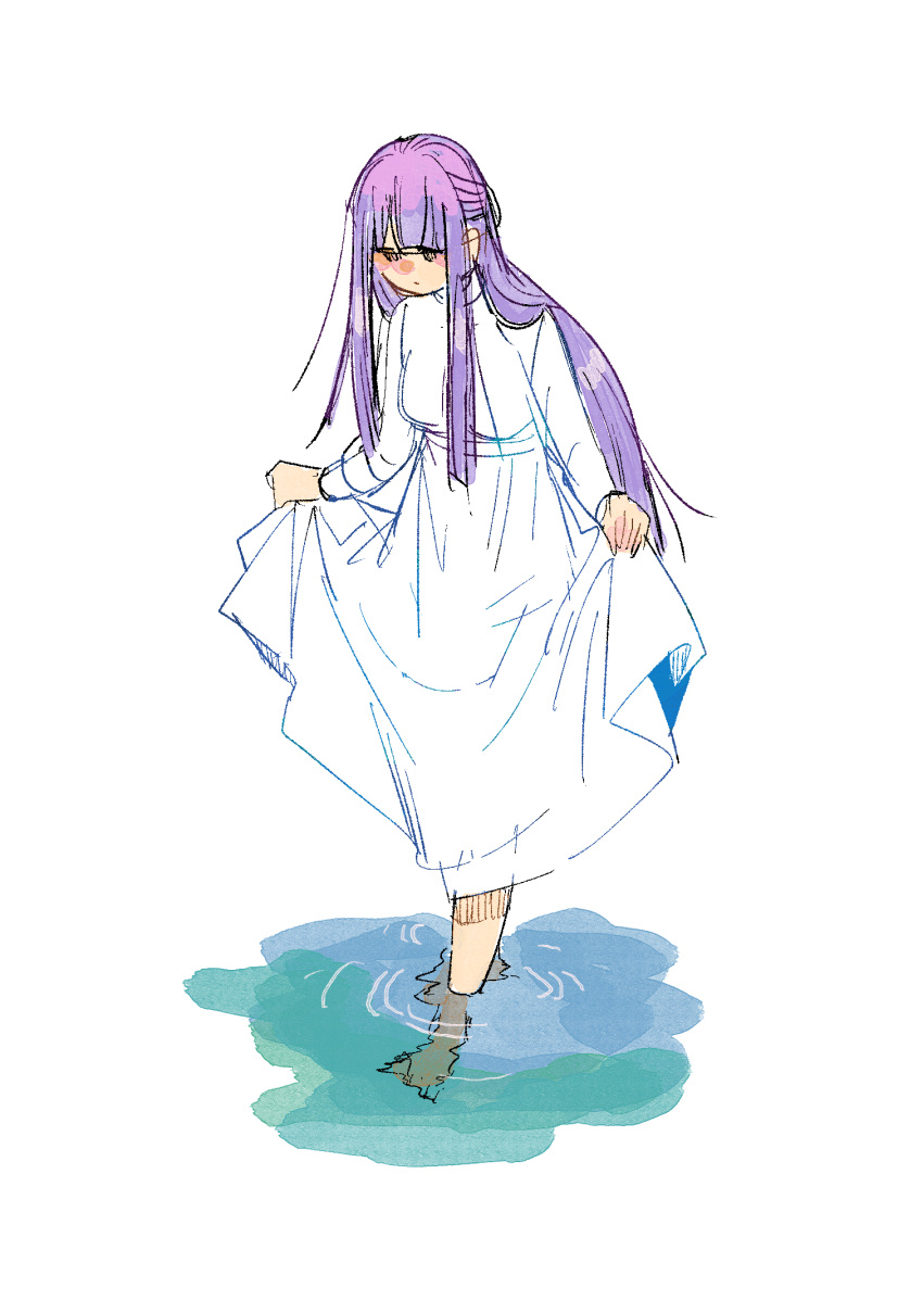 1girl barefoot blunt_bangs dress expressionless fern_(sousou_no_frieren) full_body highres long_hair looking_down official_art purple_hair sidelocks simple_background sketch skirt_hold solo sousou_no_frieren standing wading water white_background white_dress