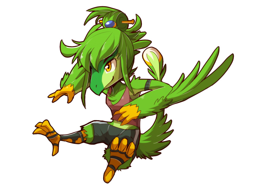 alpha_channel anthro avian bird bottomwear chibi clothing feathers feet green_body green_feathers lime_ade male nevrean rabbity shirt shorts simple_background solo talons tank_top toes togepi1125 topwear transparent_background wings yellow_eyes