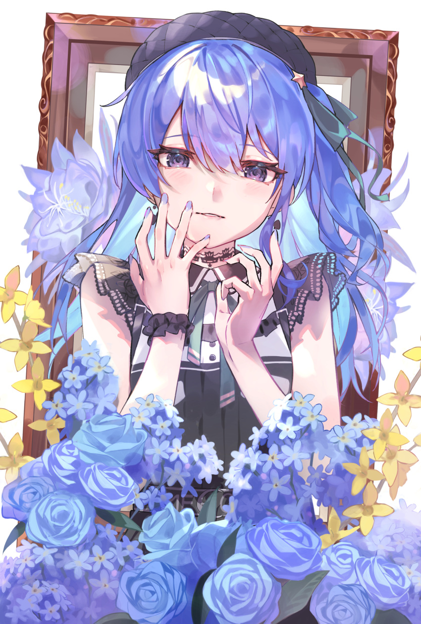 1girl absurdres beret blue_eyes blue_flower blue_hair blue_rose blush bow bow_earrings choker earrings eyelashes flower hair_between_eyes hair_ribbon hat highres hololive hoshimachi_suisei hoshimachi_suisei_(streetwear) jewelry kouhiipan lace lace_choker long_hair looking_at_viewer official_alternate_costume official_alternate_hairstyle picture_frame ribbon rose smile solo upper_body virtual_youtuber yellow_flower
