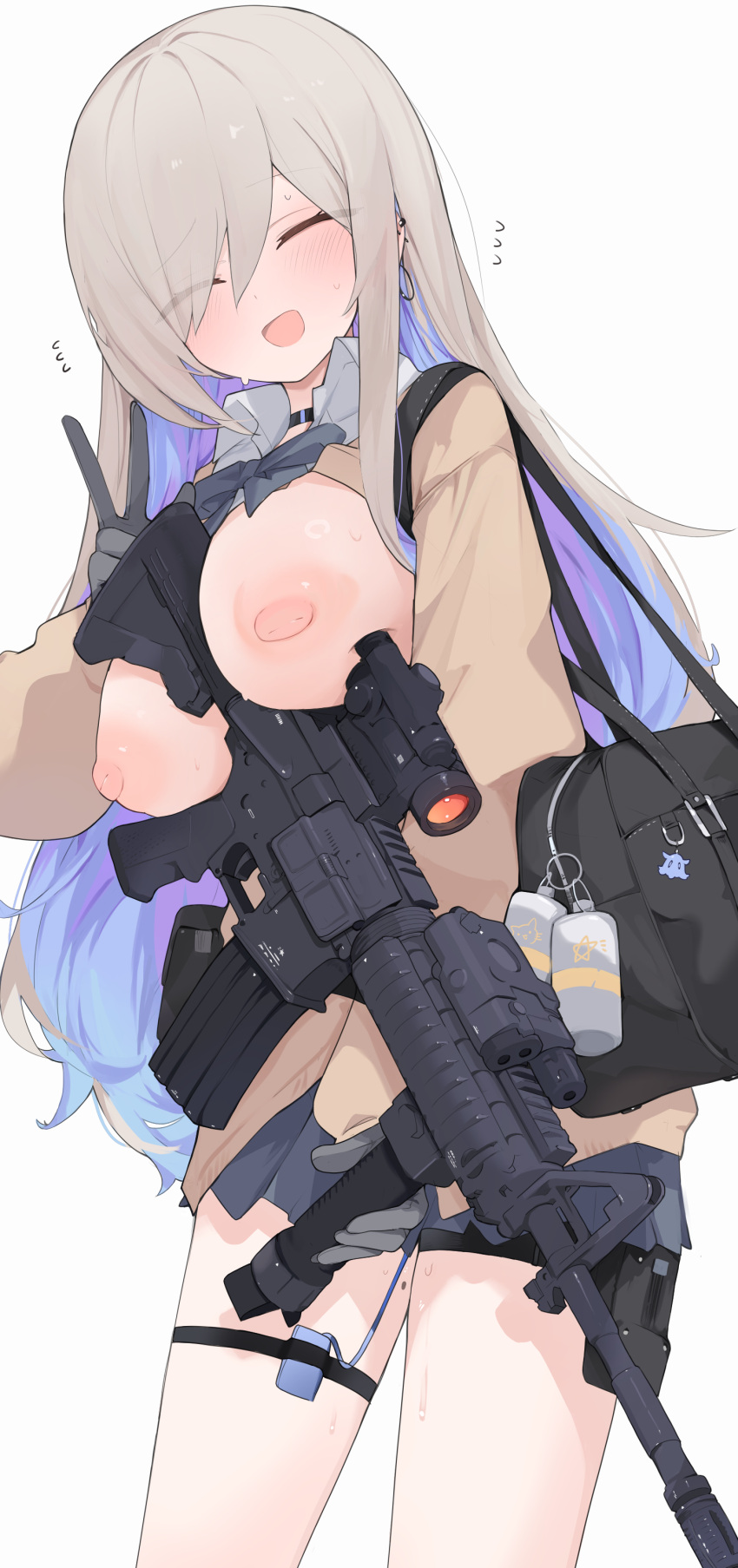 1girl :d ^_^ absurdres assault_rifle black_gloves blue_hair breasts closed_eyes colored_inner_hair commentary_request eyes_visible_through_hair gloves grey_hair gun highres large_breasts long_hair mikozin mole mole_on_thigh multicolored_hair open_mouth rifle simple_background smile solo standing thighs weapon white_background