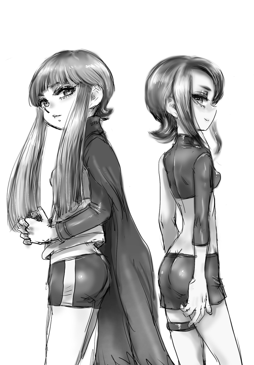 2girls agent_3_(splatoon) agent_8_(splatoon) ass back-to-back bike_shorts breasts cape closed_mouth crop_top high-visibility_vest highres humanization koharu2.5 long_hair long_sleeves medium_hair miniskirt monochrome multiple_girls own_hands_together shirt simple_background single_bare_shoulder single_sleeve skirt sleeves_past_elbows small_breasts smile splatoon_(series) splatoon_2 splatoon_2:_octo_expansion thigh_strap white_background