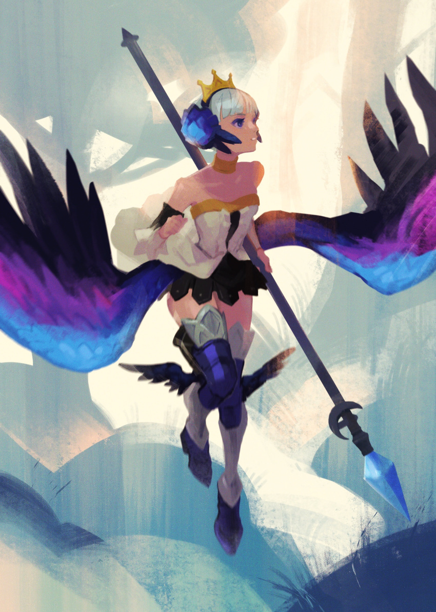 1girl absurdres armor black_skirt black_thighhighs black_wings blue_armor blue_flower blue_gemstone blue_wings choker clenched_hand domodesu eyelashes eyeshadow feathered_wings film_grain flower flying gem gold_choker grass greaves grey_hair gwendolyn_(odin_sphere) hair_flower hair_ornament high_heels highres holding holding_staff low_wings makeup mini_wings multicolored_wings odin_sphere off_shoulder outdoors painterly parted_lips purple_eyes purple_eyeshadow purple_wings silhouette skirt solo staff teeth thighhighs tiara tree wings
