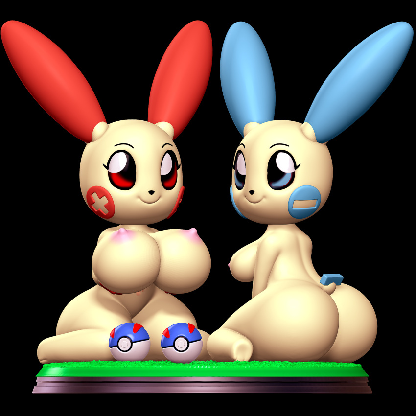 3d_(artwork) anthro black_background blue_eyes breast_grab breasts digital_media_(artwork) duo female generation_3_pokemon grass hand_on_breast hi_res minun nintendo nonotoys pinup plant plusle pokeball pokemon pokemon_(species) pose presenting raised_tail red_eyes short_stack simple_background smile tail yellow_body