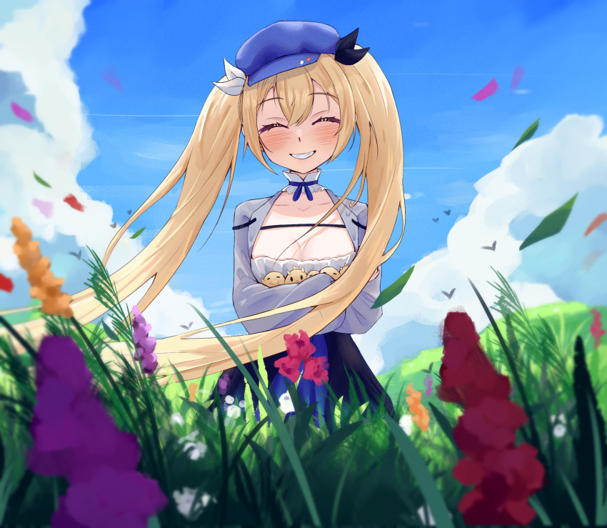 1girl arms_under_breasts blonde_hair blue_shirt blue_skirt blush breasts cleavage closed_eyes cloud cloudy_sky day dokibird_(vtuber) dragoon_(dokibird) english_commentary falling_leaves falling_petals floral_background flower hat highres indie_virtual_youtuber leaf long_hair medium_breasts outdoors petals pyrokuro shirt skirt sky smile standing teeth twintails very_long_hair virtual_youtuber wind