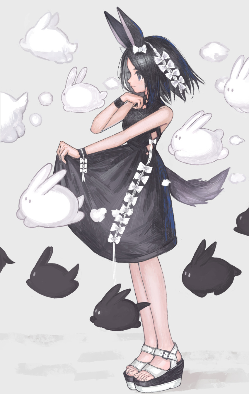 1girl animal_ears black_dress bow dress grey_background grey_eyes hair_bow highres original rabbit_ears rabbit_girl sandals shadow sleeveless sleeveless_dress smile solo white_bow window1228