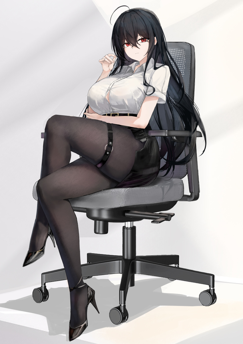 1girl absurdres ahoge ankle_strap arm_under_breasts azur_lane belt black_footwear black_pantyhose black_skirt breasts button_gap chair closed_mouth collared_shirt crossed_bangs crossed_legs full_body hair_between_eyes hand_up high-waist_skirt high_heels highres large_breasts legs o-ring o-ring_thigh_strap office_chair office_lady on_chair pantyhose pencil_skirt red_eyes shirt shirt_tucked_in sitting skindentation skirt solo suo_bu_ye_feng swivel_chair taihou_(azur_lane) thigh_strap white_shirt
