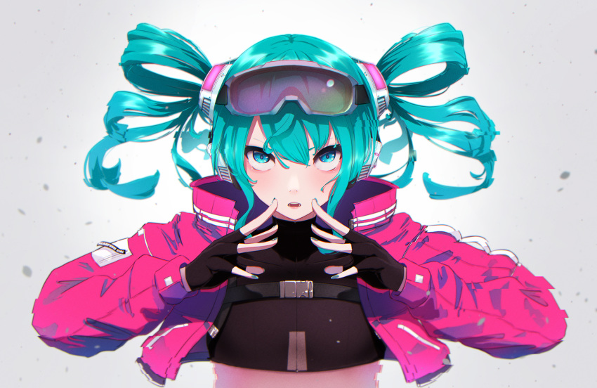 absurdres alternate_hairstyle angry aqua_eyes aqua_hair blue_gloves blush cropped_jacket drill_hair frilled_gloves frills gloves goggles goggles_on_head hatsune_miku headgear highres jacket kasoku_souchi open_clothes open_jacket pink_jacket sidelocks twin_drills twintails upper_body v-shaped_eyebrows vocaloid