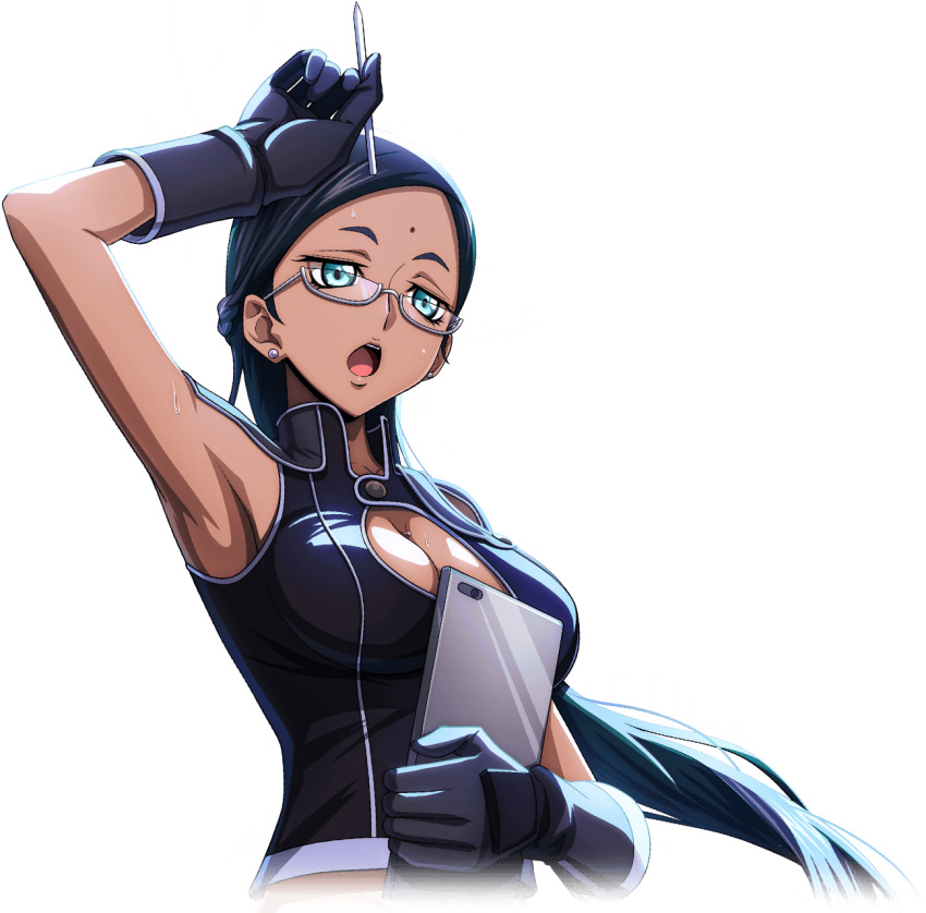 1girl arm_up armpits artist_request bindi black_gloves black_hair black_shirt blue_eyes breasts cleavage cleavage_cutout clothing_cutout code_geass code_geass:_lost_stories code_geass_(manga) crop_top cropped_torso dark-skinned_female dark_skin earrings forehead game_cg glasses gloves grey-framed_eyewear half-closed_eyes half_up_braid hand_up highres holding holding_stylus holding_tablet_pc jewelry kagari_savitri long_hair looking_afar medium_breasts non-web_source official_art open_mouth semi-rimless_eyewear shirt simple_background sleeveless sleeveless_shirt solo standing stud_earrings stylus sweat tablet_pc teeth transparent_background upper_body