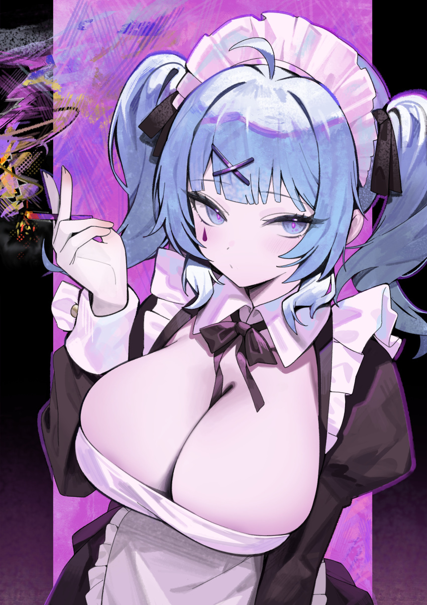 1girl absurdres ahoge apron black_bow black_bowtie blue_eyes blue_hair bow bowtie breasts cigarette cleavage closed_mouth facial_mark hair_ornament hatsune_miku highres holding holding_cigarette large_breasts maid_apron maid_headdress nogong puffy_sleeves rabbit_hole_(vocaloid) solo twintails wing_collar x_hair_ornament