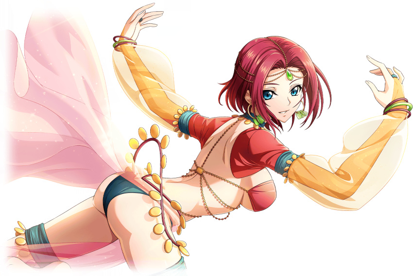 1girl alpha_transparency arabian_clothes arms_up artist_request ass back bangle barefoot blue_eyes bracelet breasts butt_crack code_geass code_geass:_lost_stories cropped_legs dancing earrings from_behind game_cg gem green_gemstone green_panties grin hair_intakes happy head_tilt highres hoop_earrings jewelry kouzuki_kallen large_breasts leg_up long_sleeves looking_at_viewer looking_back non-web_source official_art orange_sleeves panties puffy_long_sleeves puffy_sleeves raglan_sleeves red_hair revealing_clothes see-through see-through_sleeves short_hair shrug_(clothing) sidelocks simple_background smile solo standing standing_on_one_leg teeth thigh_strap thighs transparent_background underwear