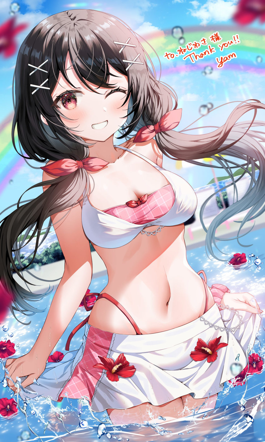 1girl ;d absurdres black_hair blush bra breasts cleavage clothes_lift collarbone commission cowboy_shot floating_hair hair_ribbon highres large_breasts looking_at_viewer miniskirt navel one_eye_closed original red_ribbon ribbon shiny_skin shiny_swimsuit skeb_commission skirt skirt_lift smile solo stomach swimsuit underwear wading white_skirt yam_(yamap_mako)
