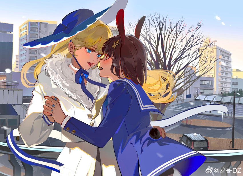 2girls absurdres animal_ears annoyed bare_tree blonde_hair blue_bow blue_eyes blue_hat blue_jacket blue_nails blue_ribbon blue_sailor_collar blue_sky blue_sleeves bow brown_hair buttons car character_request chinese_commentary choker cigarette cityscape clenched_teeth coat collared_jacket commentary_request copyright_request cowboy_shot eye_contact face-to-face fence fur-trimmed_coat fur_trim gradient_sky grey_shirt hair_ornament hand_on_another's_hip hat hat_bow hexagram highres holding holding_cigarette holding_hands jacket lamppost long_hair long_sleeves looking_at_another morning motor_vehicle multiple_girls nail_polish neck_ribbon neckerchief open_mouth ouge_dz outdoors puffy_long_sleeves puffy_sleeves rabbit_ears railing red_eyes ribbon road sailor_collar sailor_jacket shirt short_hair sky smile star_(symbol) star_hair_ornament star_of_david sun_hat teeth tree weibo_watermark white_choker white_coat white_sleeves yellow_neckerchief yuri