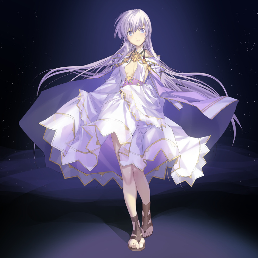 1girl absurdres aikura_chihiro breasts cape cleavage cleavage_cutout clothing_cutout dress fire_emblem fire_emblem:_genealogy_of_the_holy_war highres julia_(fire_emblem) long_hair looking_at_viewer open_mouth purple_cape purple_eyes purple_hair sandals simple_background small_breasts solo wide_sleeves