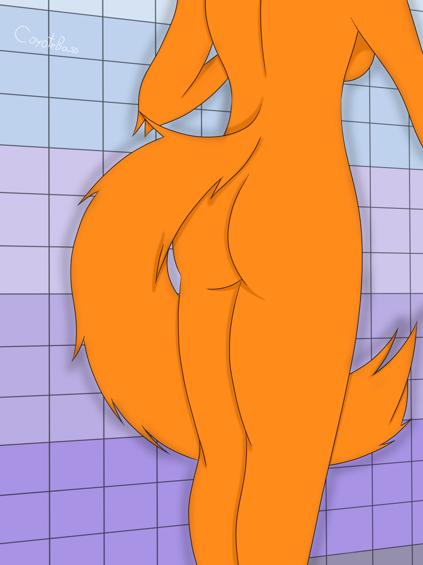 absurd_res anthro arm_tuft big_breasts big_butt breasts butt butt_shot canid canine canis coyote coyotebass digital_media_(artwork) elbow_tuft female fluffy fluffy_tail fur hi_res mammal nude orange_body shower simple_background solo tail thick_thighs tuft xanny_(coyotebass)